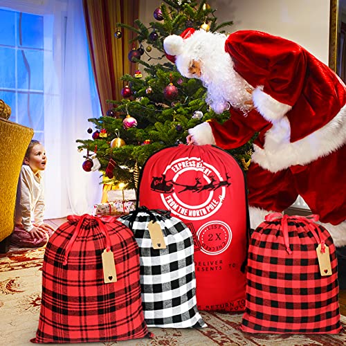 HRX Package Large Cloth Christmas Gift Bags, 4pcs Reusable Fabric Drawstring Wrapping Bags Holiday Santa Sack with Gift Tag for Xmas Presents