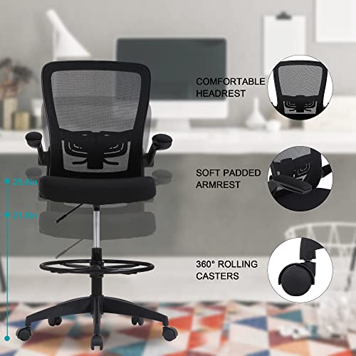 Drafting Chair Tall Office Chair Mid-Back Mesh Ergonomic Computer Chair High Adjustable Standing Desk Chair with Lumbar Support Adjustable Foot Ring and Flip-Up Arms (Black)