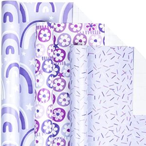 lezakaa purple gift wrapping paper – mini roll – flower ball/colorful strip/arch print for gift wrap, arts crafts – 17 x 120 inches – 3 rolls (43.77 sq.ft.ttl.)