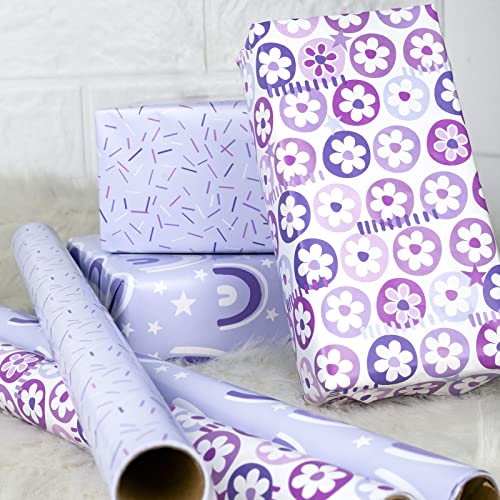 LeZakaa Purple Gift Wrapping Paper - Mini Roll - Flower Ball/Colorful Strip/Arch Print for Gift Wrap, Arts Crafts - 17 x 120 inches - 3 Rolls (43.77 sq.ft.ttl.)