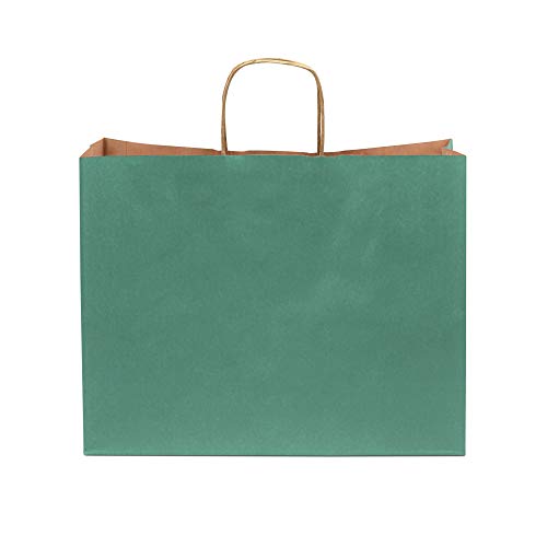 Green Gift Bags - 16x6x12 Inch 100 Pack Large Kraft Paper Shopping Bags with Handles, Craft Totes in Bulk for Boutiques, Small Business, Retail Stores, Birthday Parties, Jewelry, Merchandise