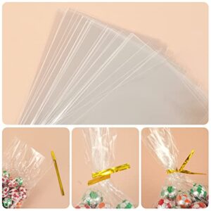 Artby7 Easter Gift Bags 200 Pcs 6x10 Inch Clear Cello/Cellophane Easter Bags for Candy, Card, Stickers, Treat, Bakery, Cookie, Candies, Dessert, Party Favors with Gold Twist Ties