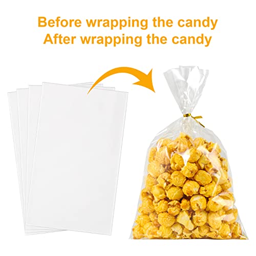 Artby7 Easter Gift Bags 200 Pcs 6x10 Inch Clear Cello/Cellophane Easter Bags for Candy, Card, Stickers, Treat, Bakery, Cookie, Candies, Dessert, Party Favors with Gold Twist Ties