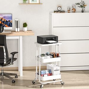 TOOLF 3-Tier Metal Rolling Storage Cart with Plastic Tabletop, 3-Tier Metal Serving Rolling Cart with Contral Handle,Trolley Organizer with Locking Wheels for Library Office Classroom Home Dedroom
