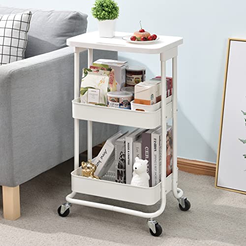 TOOLF 3-Tier Metal Rolling Storage Cart with Plastic Tabletop, 3-Tier Metal Serving Rolling Cart with Contral Handle,Trolley Organizer with Locking Wheels for Library Office Classroom Home Dedroom