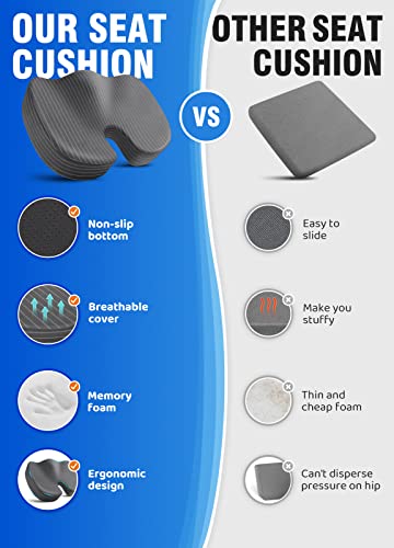 KoolCushy Seat Cushion, Striped Office Chair Cushion, Car Seat Cushion, Butt Pillow, Sciatica & Back Coccyx Tailbone Pain Relief, Memory Foam Non-Slip Chair Pad, for Computer Desk, Wheelchair, Gray