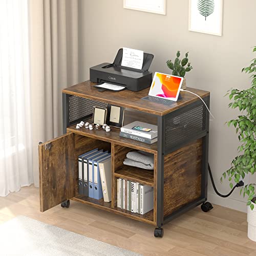Unikito Lateral File Cabinet, Locking Office Filing Cabinets with Socket and USB Charging Port, Modern Rolling Printer Stand with Storage for A4, Letter Size and File Folders, Rustic Brown