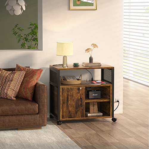 Unikito Lateral File Cabinet, Locking Office Filing Cabinets with Socket and USB Charging Port, Modern Rolling Printer Stand with Storage for A4, Letter Size and File Folders, Rustic Brown