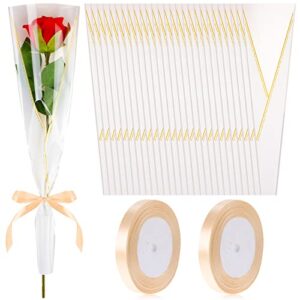 150 pcs single rose packaging bags flower bouquet wrapping bags bulk single rose sleeve single flower sleeves floral sleeve bag with 2 ribbon for valentine’s day mother’s day wedding supplies, white