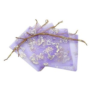 ankirol 100pcs mini sheer organza wedding favor bags 3.5×4.5” luxury jewelry candy gift card bags with gold line drawstring pouches butterflies (light purple)
