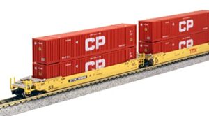 kato usa model train products n gunderson maxi-iv 3-unit set ttx new logo #765865 w/cp containers, ttx yellow