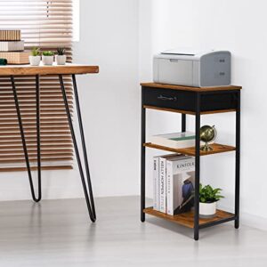 Printer Stand with Storage 3 Tier Home Printer Table with Drawers Multifunctional Under Desk Printer Shelf Holder Industrial End Table Nightstand for Fax Machine Scanner Files Brown