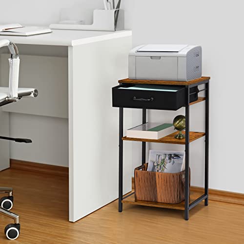 Printer Stand with Storage 3 Tier Home Printer Table with Drawers Multifunctional Under Desk Printer Shelf Holder Industrial End Table Nightstand for Fax Machine Scanner Files Brown