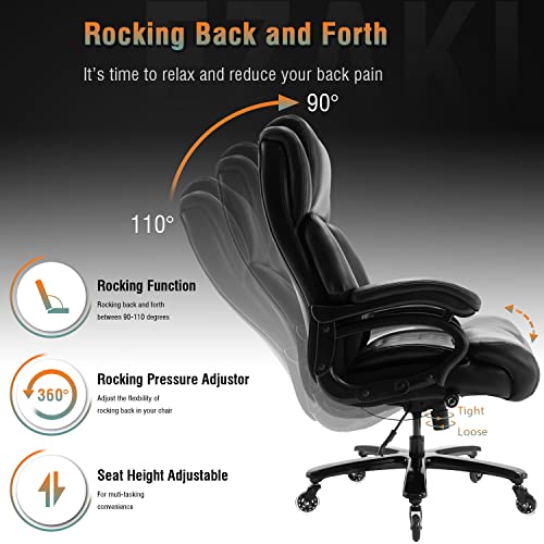 Big and Tall 400lbs Office Chair - Adjustable Lumbar Support Quiet Rubber Wheels Heavy Duty Metal Base, High Back Large Executive Computer Desk, Thick Padded Ergonomic Design for Back Pain (Black)