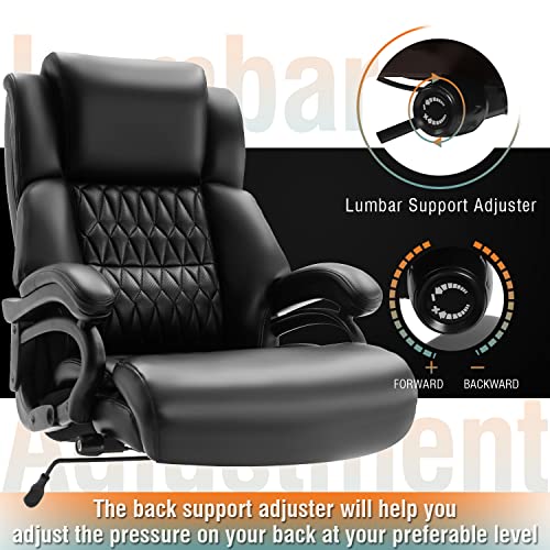 Big and Tall 400lbs Office Chair - Adjustable Lumbar Support Quiet Rubber Wheels Heavy Duty Metal Base, High Back Large Executive Computer Desk, Thick Padded Ergonomic Design for Back Pain (Black)