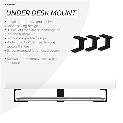 BRAINWAVZ Under Desk Laptop Mount Holder, Adhesive & Screw in, Devices Upto 1.9" Thick for Laptops MacBook Routers Surface iPads Tablets & More (Black)