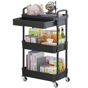 calmootey 3-tier rolling utility cart with drawer,multifunctional storage organizer with plastic shelf & metal wheels,storage cart for kitchen,bathroom,living room,office,black