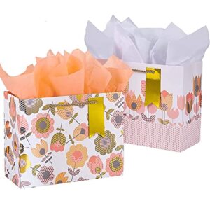 suncolor 2-pack 9″ small gift bags with tissue paper for her(tulip flower)