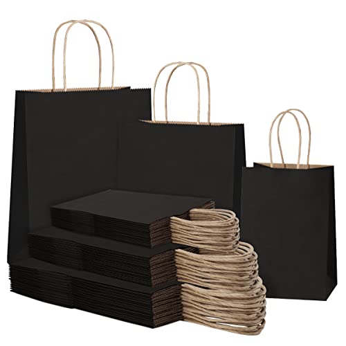 SHOPDAY 45Pcs Black Paper Bags with Handles, Assorted Sizes Gift Bags Bulk Kraft Paper Bags 5x3x8 & 8x4x10.5 & 10x5x13 15Pcs Each Recyclable Bags for Handwork, Shopping Bags for Small Business, Goody Bags Party Bags