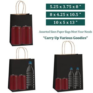 SHOPDAY 45Pcs Black Paper Bags with Handles, Assorted Sizes Gift Bags Bulk Kraft Paper Bags 5x3x8 & 8x4x10.5 & 10x5x13 15Pcs Each Recyclable Bags for Handwork, Shopping Bags for Small Business, Goody Bags Party Bags