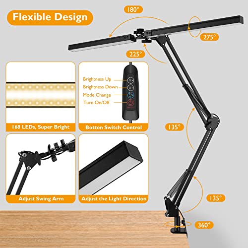 JOSTIC Double Head LED Desk Lamp with Clamp, Desk Lamps for Home Office, 5 Color Modes, 10 Brightness, Architect Task Lamp, Modern Swing Arm Workbench Office Lighting, Dimmable Brightest Light, Black