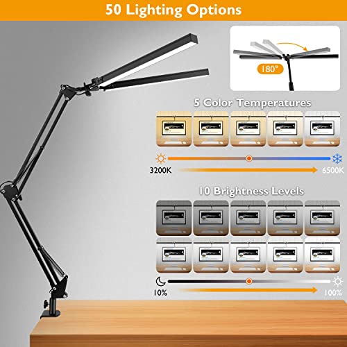 JOSTIC Double Head LED Desk Lamp with Clamp, Desk Lamps for Home Office, 5 Color Modes, 10 Brightness, Architect Task Lamp, Modern Swing Arm Workbench Office Lighting, Dimmable Brightest Light, Black