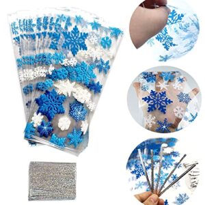 SaktopDeco 100 PCS Christmas Snowflake Cellophane Bags Gift Bags Candy Cookie Bakery Bags with Twist Ties for Christmas Party Snowflakes Birthday Supplies