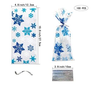 SaktopDeco 100 PCS Christmas Snowflake Cellophane Bags Gift Bags Candy Cookie Bakery Bags with Twist Ties for Christmas Party Snowflakes Birthday Supplies