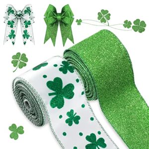whaline 2 rolls st patrick’s day wired ribbon glitter green stain white shamrock craft ribbons linen like polyester wrapping ribbon for home craft decoration gift bow party supply 2.5 inch x 10 yards