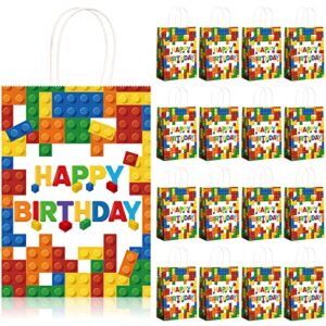 16 pcs building block party present bags color bricks theme treat bags kraft paper goodie favor bags with handle for birthday baby showers building block party supplies decoration (white background)