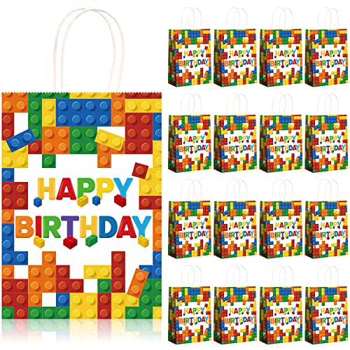 16 Pcs Building Block Party Present Bags Color Bricks Theme Treat Bags Kraft Paper Goodie Favor Bags with Handle for Birthday Baby Showers Building Block Party Supplies Decoration (White Background)