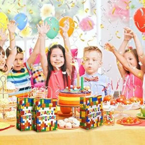 16 Pcs Building Block Party Present Bags Color Bricks Theme Treat Bags Kraft Paper Goodie Favor Bags with Handle for Birthday Baby Showers Building Block Party Supplies Decoration (White Background)