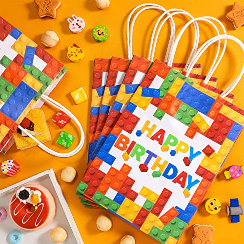 16 Pcs Building Block Party Present Bags Color Bricks Theme Treat Bags Kraft Paper Goodie Favor Bags with Handle for Birthday Baby Showers Building Block Party Supplies Decoration (White Background)