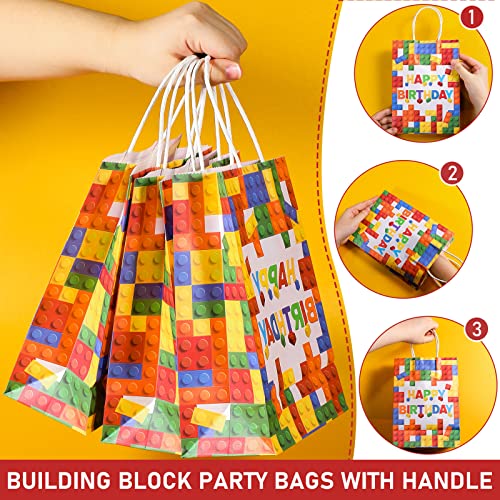 16 Pcs Building Block Party Present Bags Color Bricks Theme Treat Bags Kraft Paper Goodie Favor Bags with Handle for Birthday Baby Showers Building Block Party Supplies Decoration (White Background)