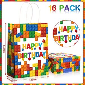 16 Pcs Building Block Party Present Bags Color Bricks Theme Treat Bags Kraft Paper Goodie Favor Bags with Handle for Birthday Baby Showers Building Block Party Supplies Decoration (White Background)