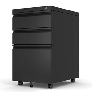 gangmei mobile file cabinet under desk, 3 drawers steel lateral filing cabinet with lock and wheels, fully assembled(black)