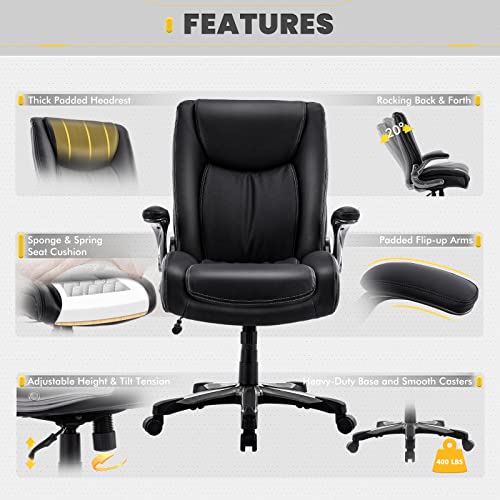 COLAMY Big and Tall Office Chair 400lbs, Large Heavy Duty High Back Executive Computer Office Desk Chair Flip-up Arms Wide Thick Seat for Home Office, Black