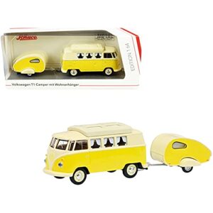 vw t1 camper bus with travel trailer yellow and cream 1/64 diecast models by schuco 452026700