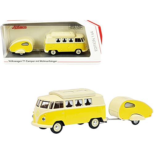 VW T1 Camper Bus with Travel Trailer Yellow and Cream 1/64 Diecast Models by Schuco 452026700