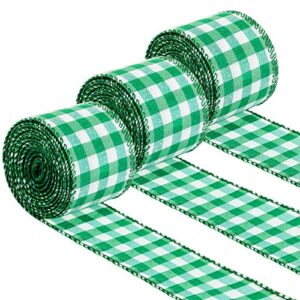 3 rolls st. patrick’s day buffalo plaid ribbon green and white wired edge ribbon st. patrick’s day check burlap ribbon for wrapping, crafts decoration, 2 inch x 6.6 yard (green and white)
