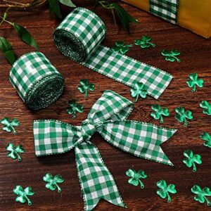 3 Rolls St. Patrick's Day Buffalo Plaid Ribbon Green and White Wired Edge Ribbon St. Patrick's Day Check Burlap Ribbon for Wrapping, Crafts Decoration, 2 Inch x 6.6 Yard (Green and White)