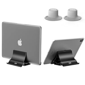 vertical laptop tablet stand, gravity lock auto shrink desktop notebook holder for desk organizers and storage compatible with macbook air pro samsung, hp, dell, microsoft surface and gaming laptops