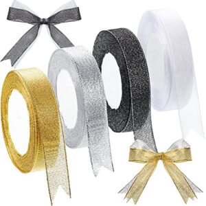 125 yards 3/4 inch glitter ribbons metallic ribbons gold ribbons gift wrapping, birthday holiday graduation party wedding decoration, valentine ribbon, 4 rolls (golden, silvery, black, white)