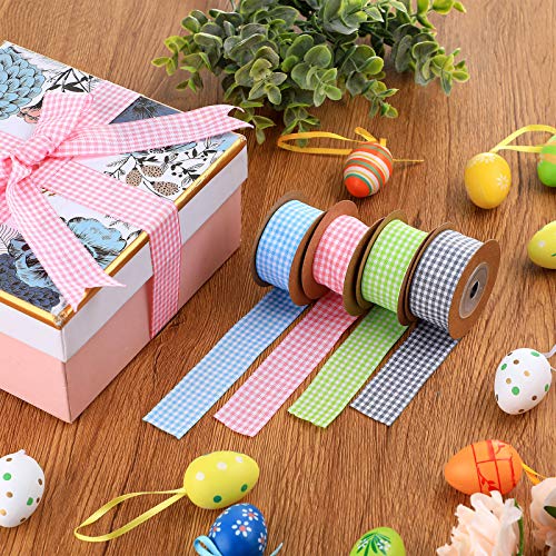 4 Rolls Easter Wired Ribbons Gingham Ribbon Buffalo Check Wired Edge Ribbon Plaid Wrapping Ribbons Christmas Ribbon for DIY Crafts Holiday Party Home Decorations, 1 Inch, 22 Yards