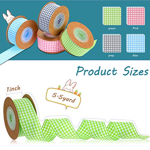 4 Rolls Easter Wired Ribbons Gingham Ribbon Buffalo Check Wired Edge Ribbon Plaid Wrapping Ribbons Christmas Ribbon for DIY Crafts Holiday Party Home Decorations, 1 Inch, 22 Yards