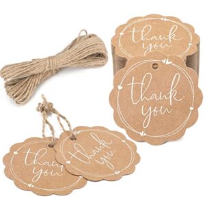 100pcs scalloped round thank you gift tag with string, high-end kraft paper gift wrap hang tags with jute twine and cotton gold twine for wedding, baby shower, party favors,bridal shower(2.36″）