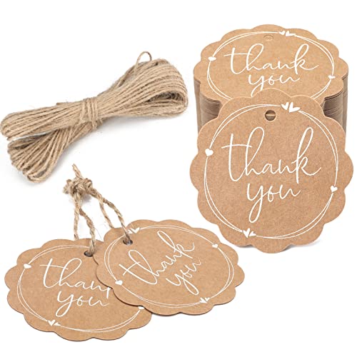 100PCS Scalloped Round Thank You Gift Tag with String, High-end Kraft Paper Gift Wrap Hang Tags with Jute Twine and Cotton Gold Twine for Wedding, Baby Shower, Party Favors,Bridal Shower(2.36"）