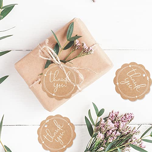 100PCS Scalloped Round Thank You Gift Tag with String, High-end Kraft Paper Gift Wrap Hang Tags with Jute Twine and Cotton Gold Twine for Wedding, Baby Shower, Party Favors,Bridal Shower(2.36"）