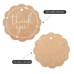 100PCS Scalloped Round Thank You Gift Tag with String, High-end Kraft Paper Gift Wrap Hang Tags with Jute Twine and Cotton Gold Twine for Wedding, Baby Shower, Party Favors,Bridal Shower(2.36"）