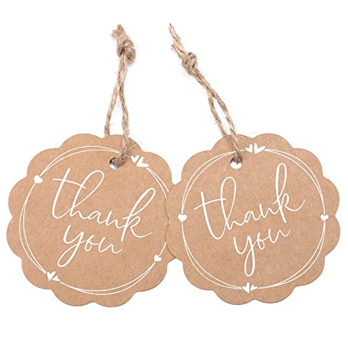 100PCS Scalloped Round Thank You Gift Tag with String, High-end Kraft Paper Gift Wrap Hang Tags with Jute Twine and Cotton Gold Twine for Wedding, Baby Shower, Party Favors,Bridal Shower(2.36"）